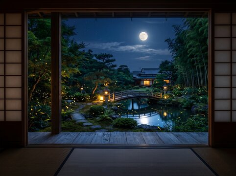 満月と蛍の光が幻想的な夏の日本庭園の夜景