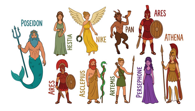 PrintAncient Greek gods and goddesses vector cartoon character set featuring Poseidon Ares Athena Nike Pan and Persephone
