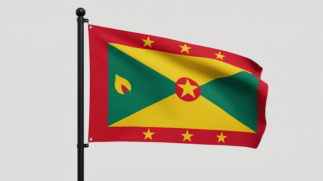 Grenada national flag waving gently on a flagpole against a clean, isolated background