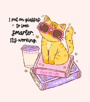 Cozy Bookish Cat Sits on Stack Book with Funny Quote Sticker Printable Cartoon Hand drawn stylised character in girly retro kawaii