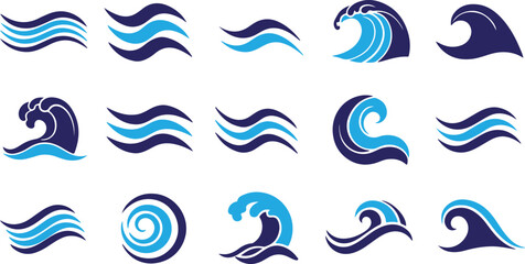 Fototapeta premium A set of stylized blue and dark blue water wave icons and symbols, showcasing various fluid motions and shapes on a white background.
