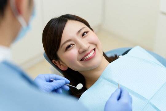 歯医者で健康的な歯のメンテナンスを受ける笑顔の日本人女性
