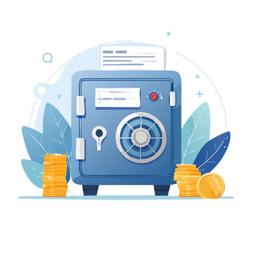 Flat illustration of a safe with gold coins and document