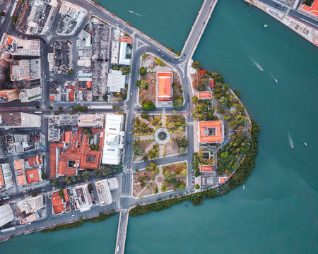 Aerial view of the historic old town district surrounded by rivers, Recife, Pernambuco, Brazil