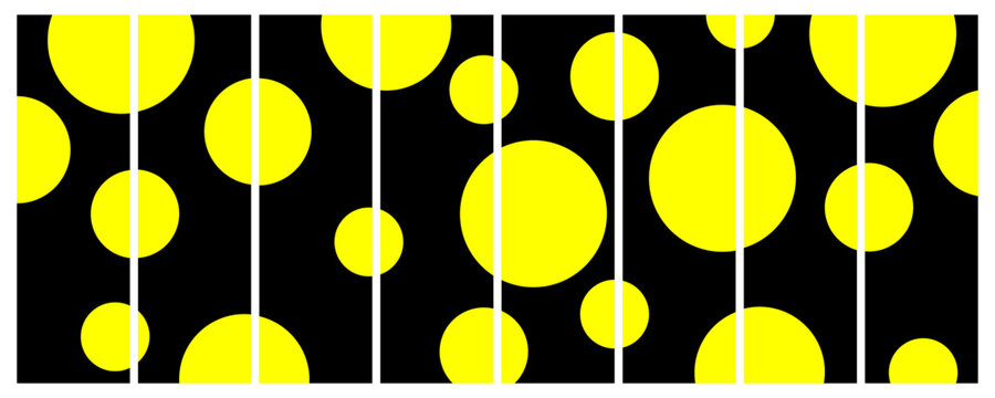 Abstract bright yellow circles and dots pattern on a solid black background.