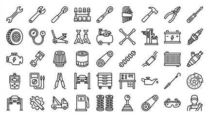 Naklejka premium Tools and equipment icons are arranged neatly on a surface for industrial use.
