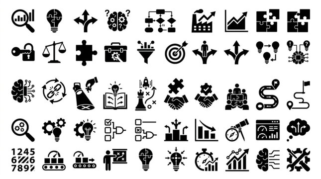 A collection of various business and technology icons are displayed.