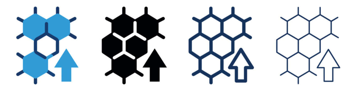 Set of chemical molecule structure icons with growth arrows in four different modern graphic styles Minimal icon set bundle collection. Editable Vector Illustration Mega pack