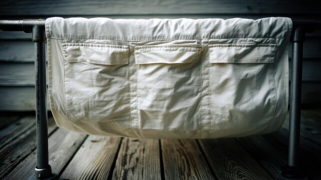 A white cloth with three pockets is hanging on a metal frame.