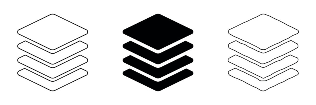 Set of three layered square icons in outline, solid, and hand-drawn styles