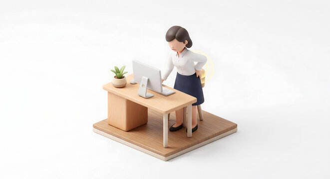デスクワーク中に腰の痛みに耐える女性会社員の3Dイラスト
