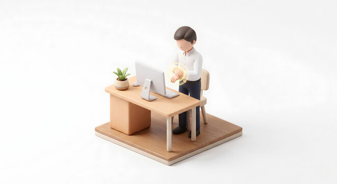 パソコン作業で手首の痛みを訴える男性ビジネスパーソンの3Dイラスト
