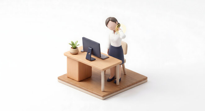 デスクワーク中に首の痛みやストレートネックに悩む女性会社員の3Dイラスト
