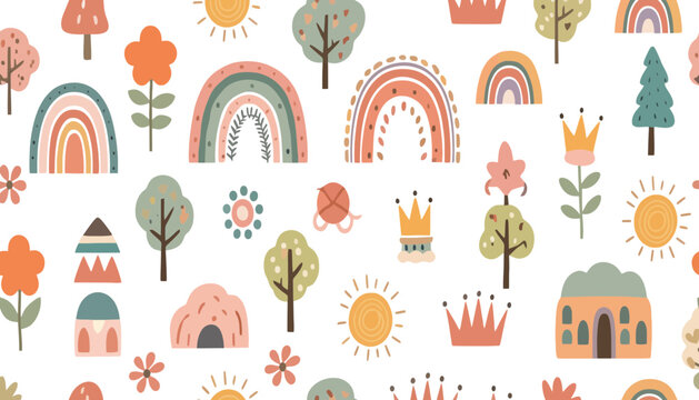 Seamless pattern with cute rainbows suns and trees, seamless