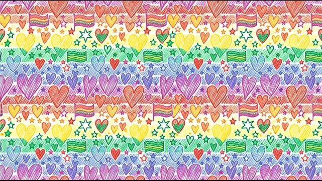 Colorful pattern with hearts and flowers.