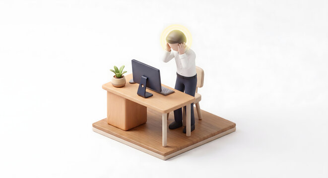 パソコン作業による頭痛や疲労で頭を抱える男性ビジネスパーソンの3Dイラスト
