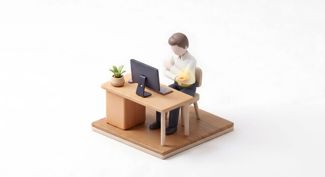 マウス操作による肘の痛みや腱鞘炎に悩む男性ビジネスパーソンの3Dイラスト
