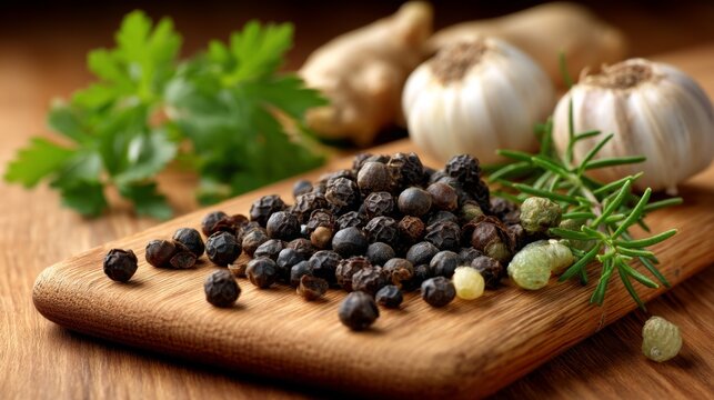 Fresh Black Peppercorns with Ginger, Garlic, and Fresh Herbs on Wooden Cutting Board in Cozy Kitchen Setting