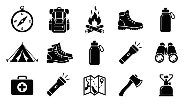 Camping icons set with hiking and outdoor adventure symbols