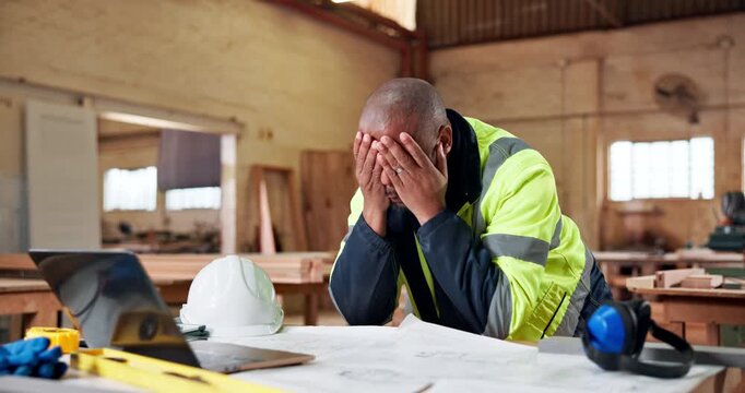 Architect, headache or black man with laptop in workshop for building mistake or construction fail. Male person, contractor or mature civil engineer with migraine on computer for project deadline
