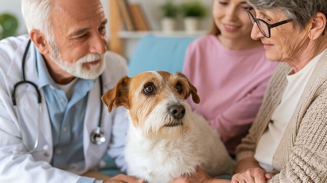 Veterinarian provides a gentle checkup for a cute terrier dog sitting with its owners in an office room.