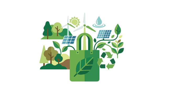 Pixel art eco bag with renewable energy symbols solar panels wind turbine trees and recycling logo for sustainability