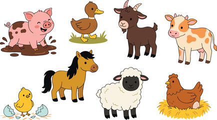 Fototapeta premium Cute cartoon farm animals set with flat vector illustrations of happy pig cow horse sheep goat duck and chicken characters isolated on white background,