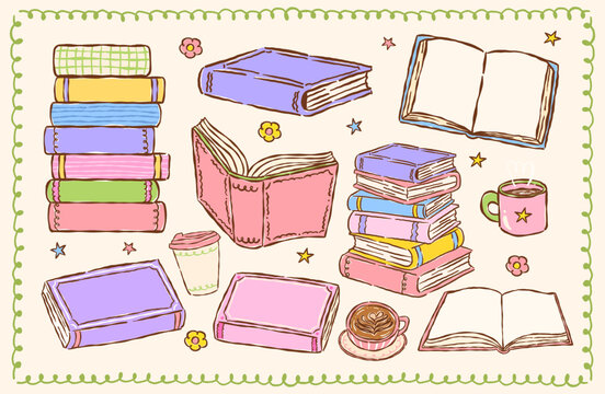 Set of retro vintage Books, Stack of Books, open book, close book and coffee elements whimsical hand drawn.