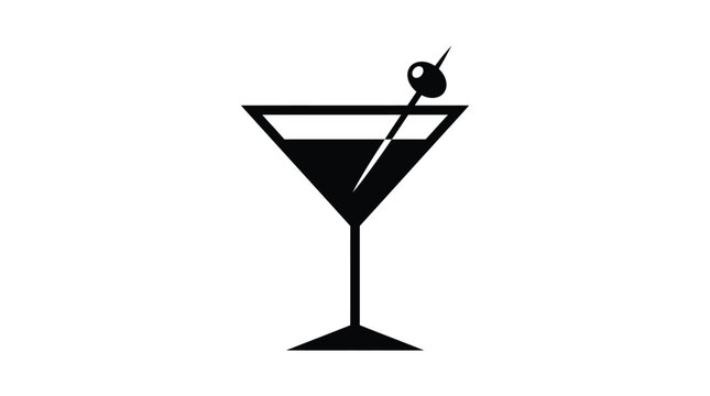 Minimalist black and white martini glass icon featuring a single olive on a sharp toothpick