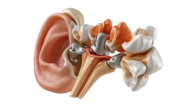 Scientific illustration of the ossicles (malleus, incus, stapes) and tympanic membrane in isolated close-up, precise anatomical accuracy, neutral clinical lighting, white background