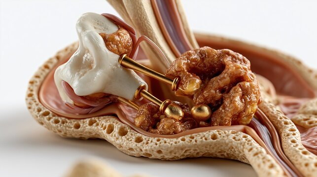 Scientific illustration of the ossicles (malleus, incus, stapes) and tympanic membrane in isolated close-up, precise anatomical accuracy, neutral clinical lighting, white background