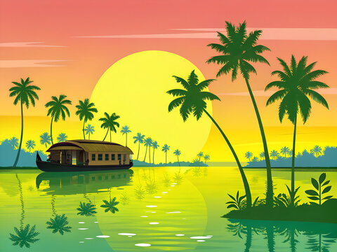 Kerala backwaters with coconut palms, houseboat floating peacefully, colorful sunset reflections, minimalist vector style