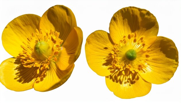 Four Yellow Buttercup Flowers Isolated On Transparent Background Petals Stamen Pistil Pollen