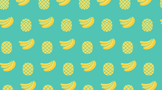 Banana and pineapple fruit pattern on green background