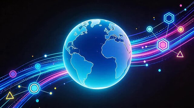Glowing globe with colorful data streams