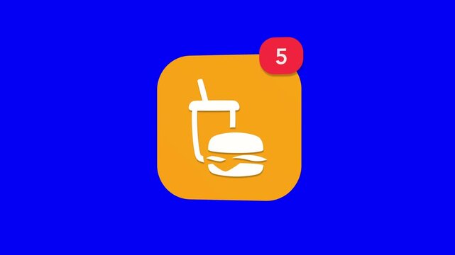 3D golden yellow fast food combo set with a delicious hamburger and soft drink cup notification icon popping up on blue screen.