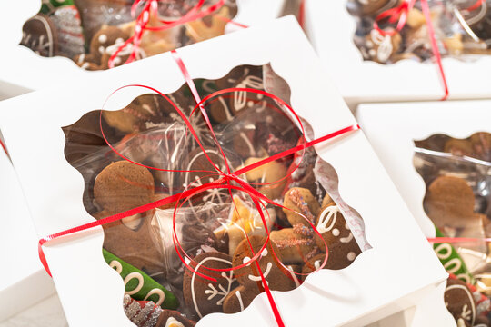 Holiday Cookie Gift Boxes with Decorative Window and Red Ribbon