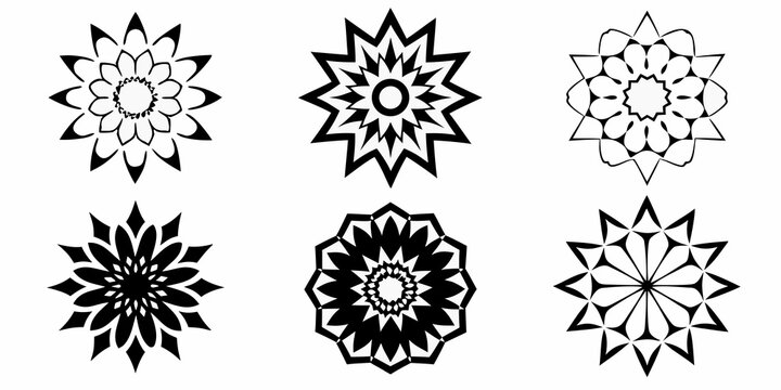 Stylized Flower Icons Black And White Vector Illustration Set