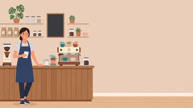 カフェスタッフとナチュラルカフェ空間を描いた背景素材と広いコピースペース