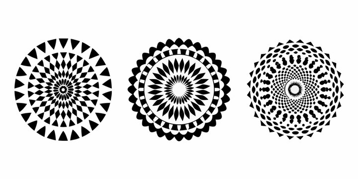 Circular geometric patterns on a white background black and white designs