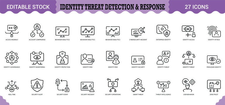 PrintIdentity Threat Detection & Response Icon Set - 27 Editable Vector Icons for Cybersecurity & Access Protection. Features behavior analytics, account compromise detection, identity monitoring, acc