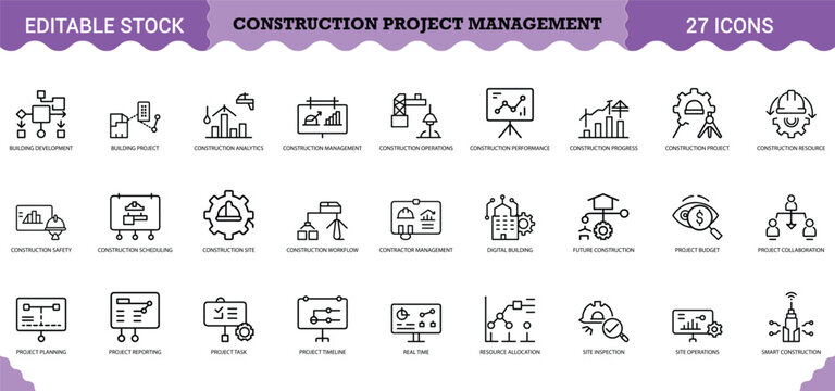 PrintConstruction Project Management Icon Set - 27 Editable Vector Icons for Building Development & Site Operations. Features project planning, construction scheduling, resource allocation, site inspe