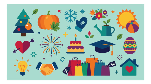 pixel art seasonal and holiday event icons including christmas tree pumpkin winter snowflake celebration shopping bags