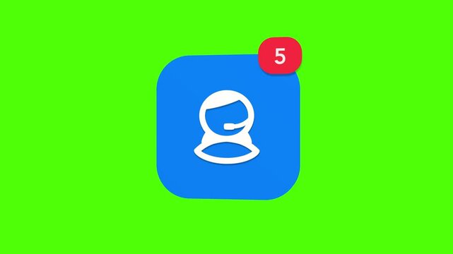3D blue female assistant head profile wearing a telecommunication headset microphone device notification icon popping up on green screen.