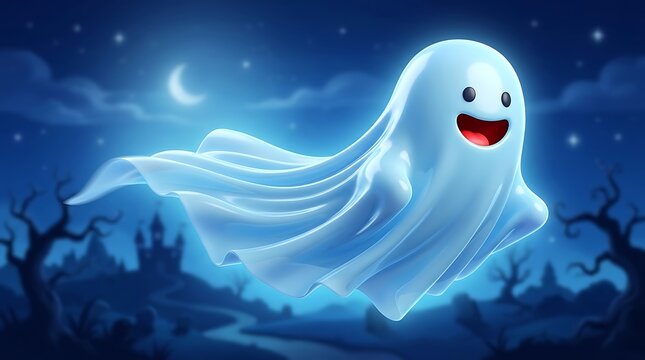 Friendly ghost flying on a spooky halloween night