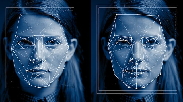 Woman's face is analyzed by facial recognition software, displaying biometric data points and geometric patterns.