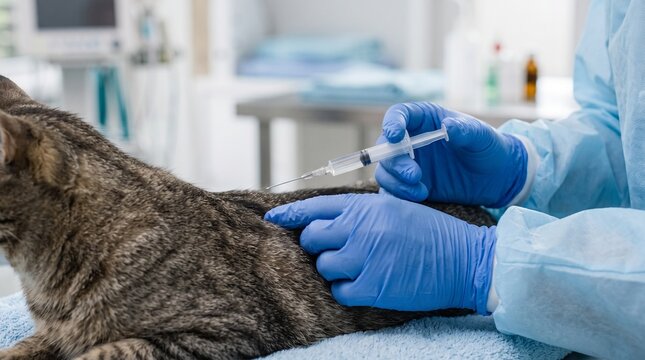 Skilled veterinary professional administering a crucial injection to a domestic tabby cat, ensuring comprehensive cat healthcare and essential medical treatment in a modern clinic setting