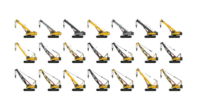Set of eighteen flat vector icons of construction cranes representing industrial machinery heavy equipment infrastructure