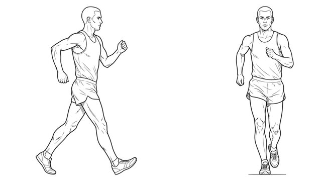 Athletic Stance: Two athletic male figures depicted in a dynamic sketch, one in a walking motion and the other in a running pose, showcasing form and movement