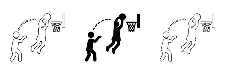 Basketball players in action, one scoring a slam dunk, shown in outline and solid styles © Ophelia
